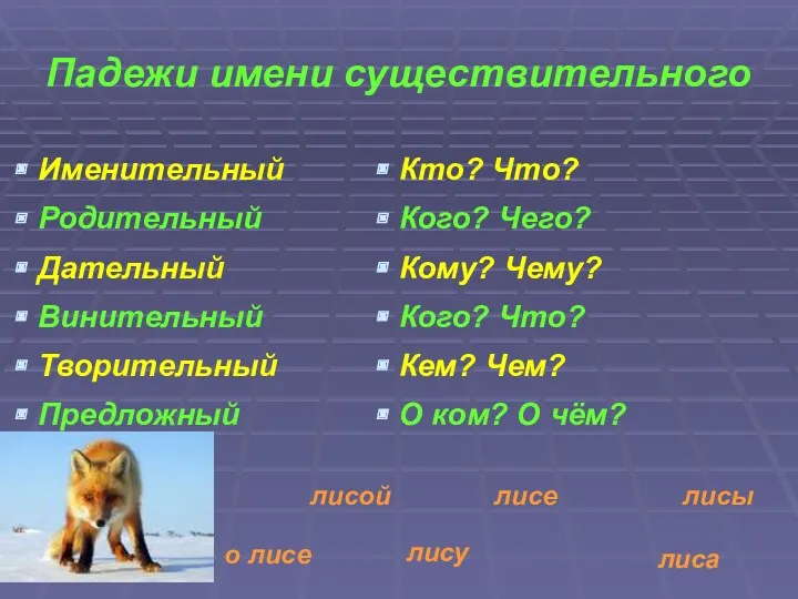 Падежи имени существительного Именительный Родительный Дательный Винительный Творительный Предложный Кто?