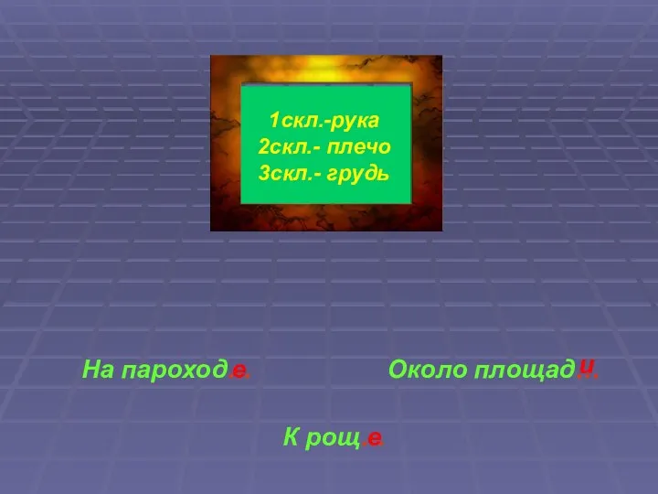 К рощ… На пароход… Около площад… е е и 1скл.-рука 2скл.- плечо 3скл.- грудь