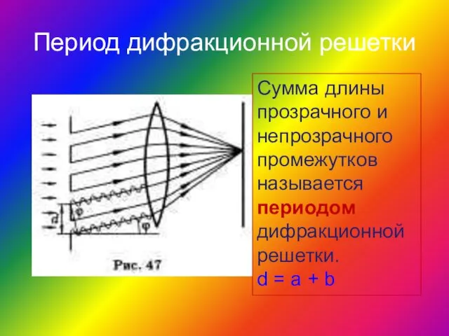 Период дифракционной решетки Сумма длины прозрачного и непрозрачного промежутков называется периодом дифракционной решетки.