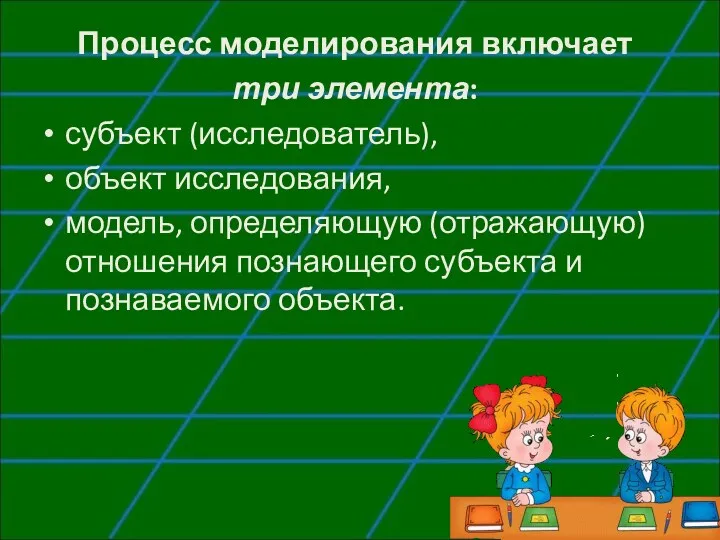 Процесс моделирования включает три элемента: субъект (исследователь), объект исследования, модель,