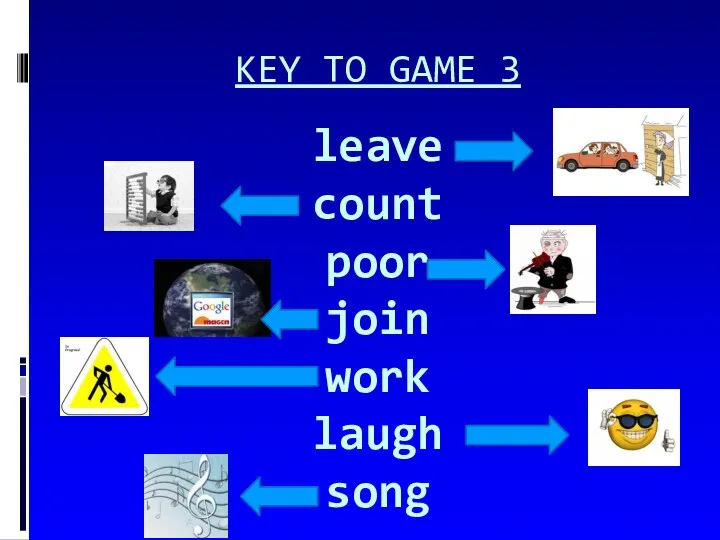 KEY TO GAME 3 leave count poor join work laugh song