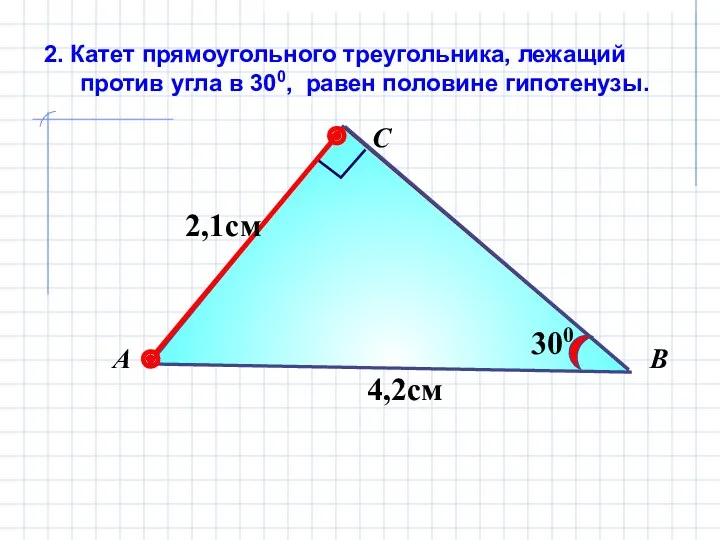 2. Катет прямоугольного треугольника, лежащий против угла в 300, равен