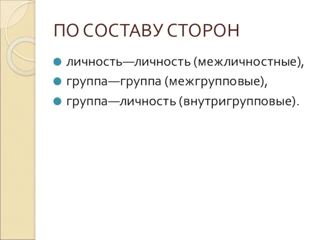 ПО СОСТАВУ СТОРОН личность—личность (межличностные), группа—группа (межгрупповые), группа—личность (внутригрупповые).