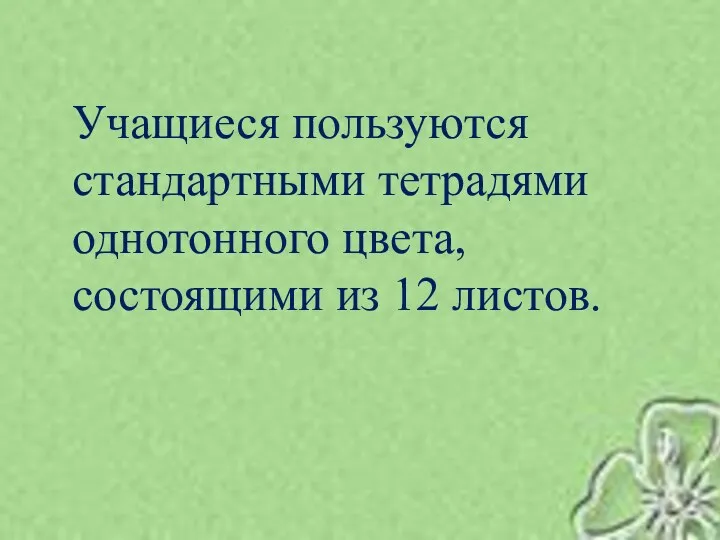 Учащиеся пользуются стандартными тетрадями однотонного цвета, состоящими из 12 листов.