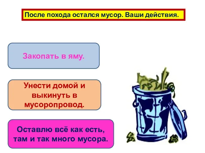 После похода остался мусор. Ваши действия. Закопать в яму. Унести домой и выкинуть