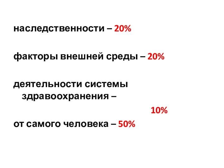 наследственности – 20% факторы внешней среды – 20% деятельности системы