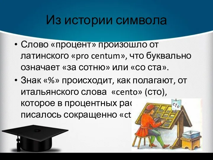 Из истории символа Слово «процент» произошло от латинского «pro centum»,