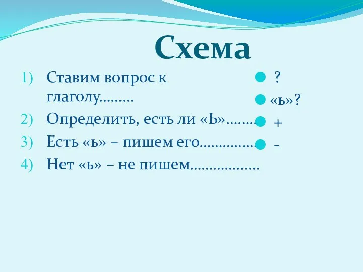 Схема Ставим вопрос к глаголу……… Определить, есть ли «Ь»…….. Есть