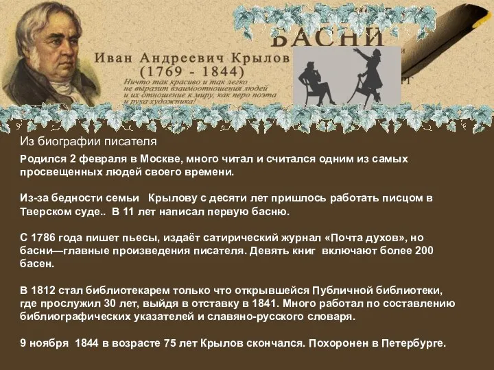 Иван Андреевич Крылов Родился 2 февраля в Москве, много читал