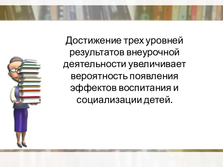 Достижение трех уровней результатов внеурочной деятельности увеличивает вероятность появления эффектов воспитания и социализации детей.