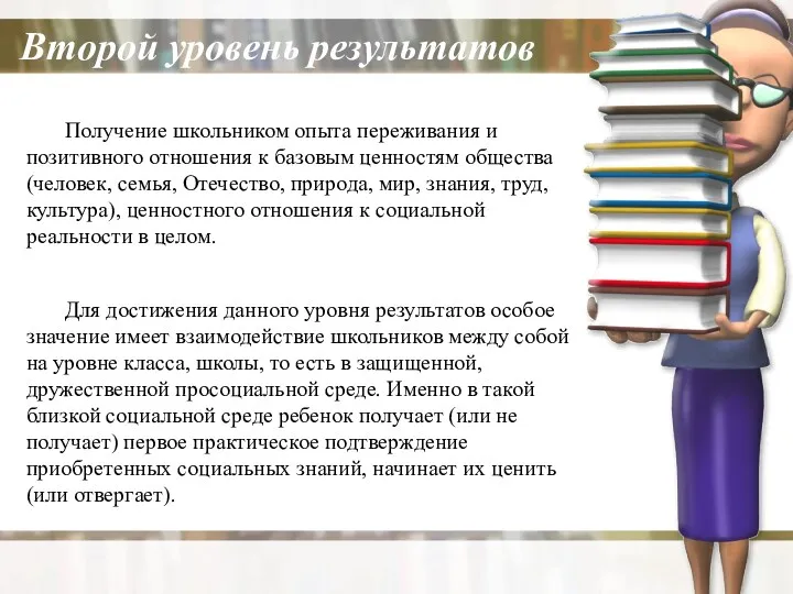 Получение школьником опыта переживания и позитивного отношения к базовым ценностям общества (человек, семья,