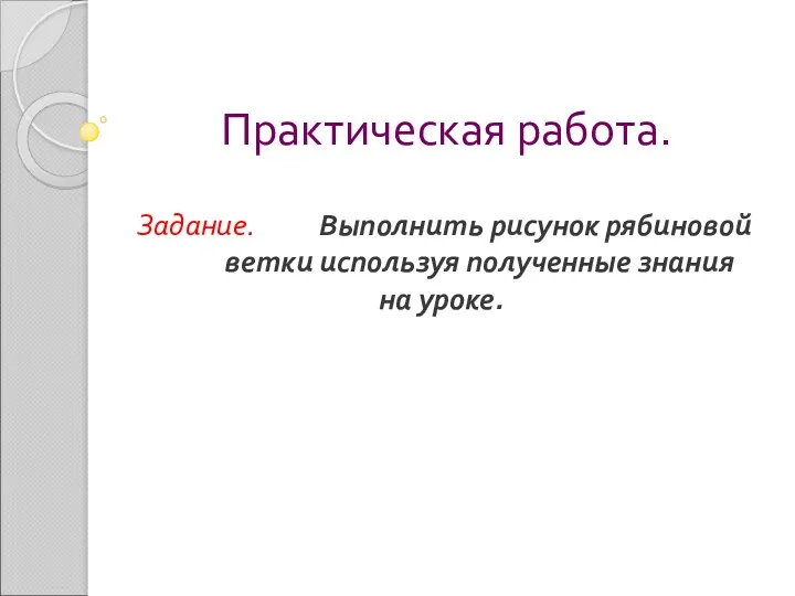 Практическая работа. Задание. Выполнить рисунок рябиновой ветки используя полученные знания на уроке.