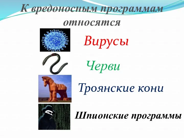 К вредоносным программам относятся Вирусы Черви Троянские кони Шпионские программы