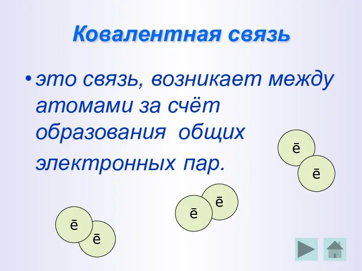 Ковалентная связь это связь, возникает между атомами за счёт образования общих электронных пар.