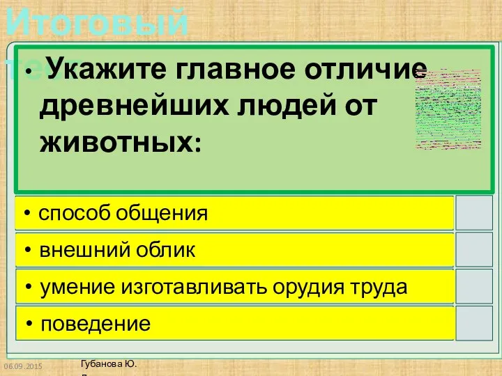 Укажите главное отличие древнейших людей от животных: способ общения внешний облик умение изготавливать орудия труда поведение