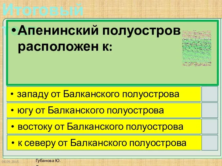 Апенинский полуостров расположен к: западу от Балканского полуострова югу от