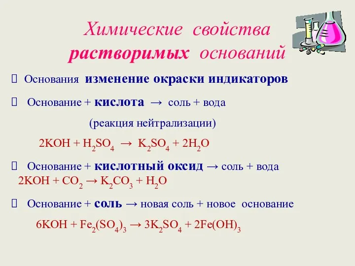 Химические свойства растворимых оснований Основания изменение окраски индикаторов Основание +