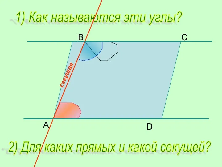 B C D A 1) Как называются эти углы? 2) Для каких прямых