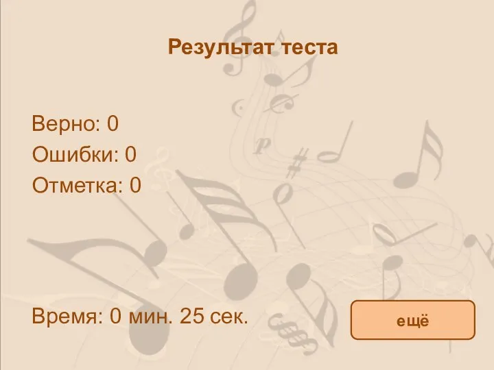 Результат теста Верно: 0 Ошибки: 0 Отметка: 0 Время: 0 мин. 25 сек. ещё