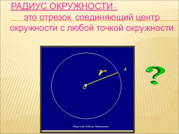 РАДИУС ОКРУЖНОСТИ- это отрезок, соединяющий центр окружности с любой точкой