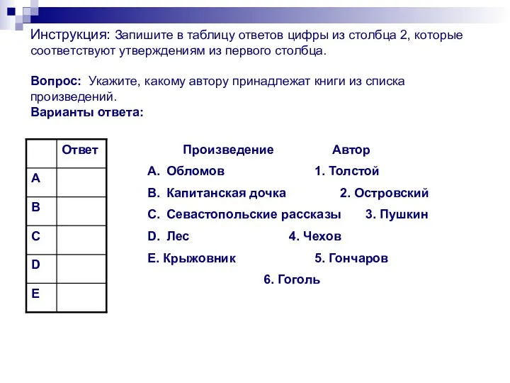 Инструкция: Запишите в таблицу ответов цифры из столбца 2, которые