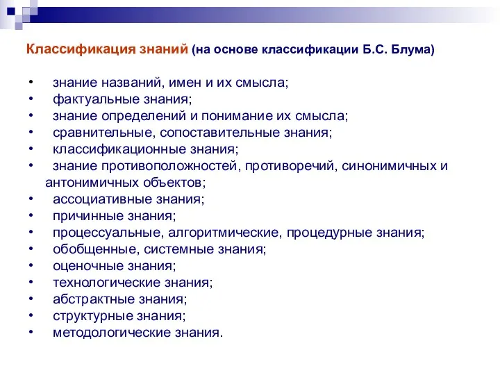 Классификация знаний (на основе классификации Б.С. Блума) знание названий, имен