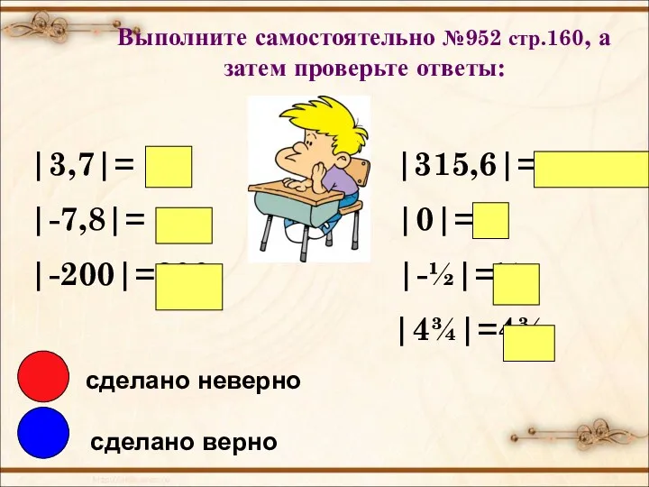 Выполните самостоятельно №952 стр.160, а затем проверьте ответы: |3,7|= 3,7 |315,6|=315,6 |-7,8|= 7,8