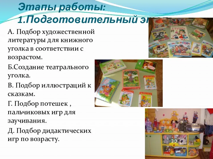 Этапы работы: 1.Подготовительный этап. А. Подбор художественной литературы для книжного