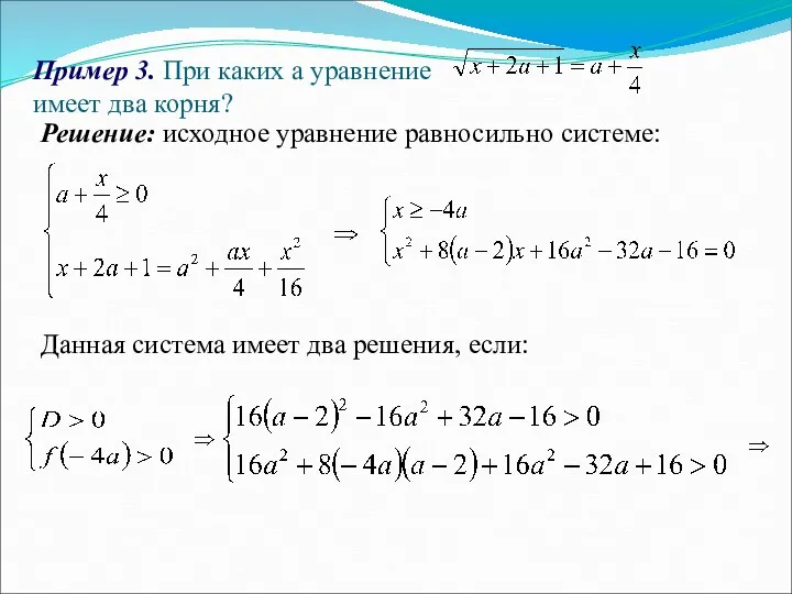 Пример 3. При каких а уравнение имеет два корня? Решение: