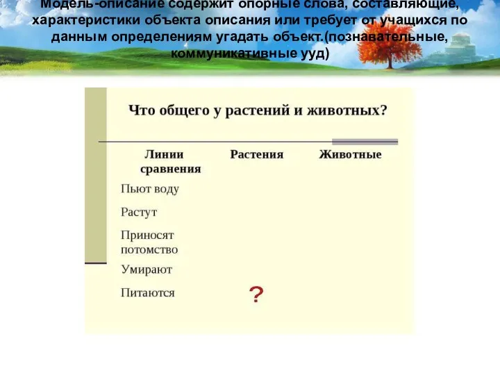 Модель-описание содержит опорные слова, составляющие, характеристики объекта описания или требует