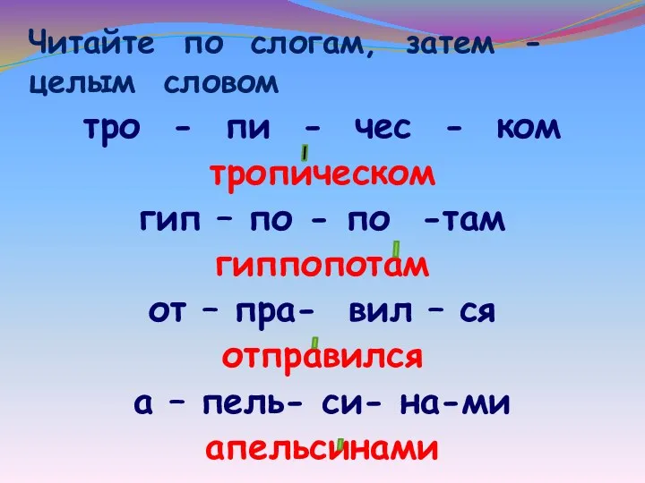 Читайте по слогам, затем - целым словом тро - пи