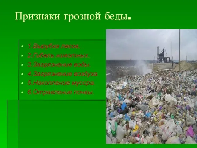 Признаки грозной беды. 1.Вырубка лесов. 2.Гибель животных. 3.Загрязнение воды. 4.Загрязнение воздуха. 5.Накопление мусора. 6.Отравление почвы.