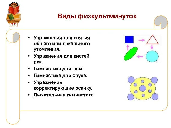 Виды физкультминуток Упражнения для снятия общего или локального утомления. Упражнения для кистей рук.