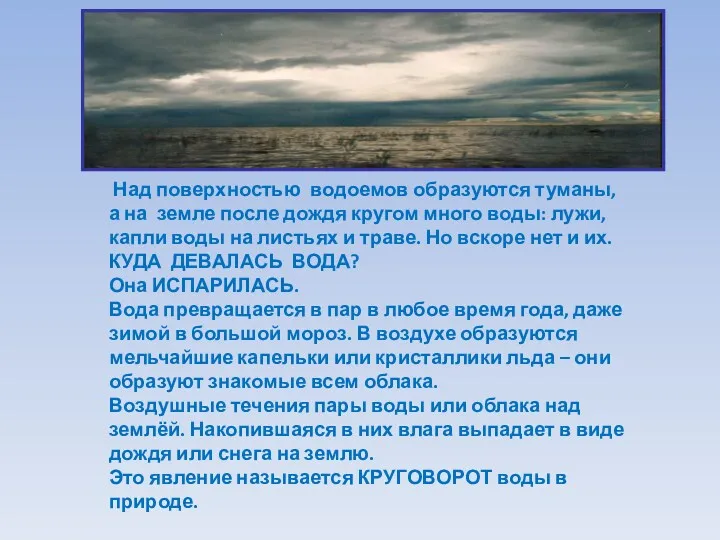 Над поверхностью водоемов образуются туманы, а на земле после дождя