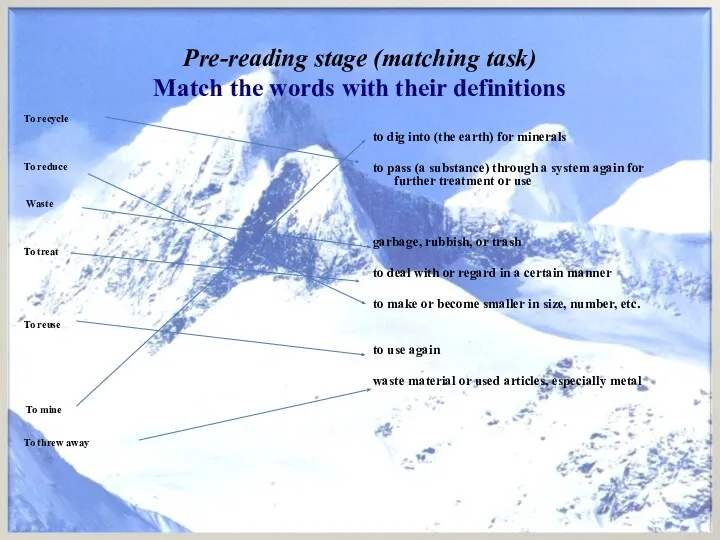 Pre-reading stage (matching task) Match the words with their definitions To recycle To