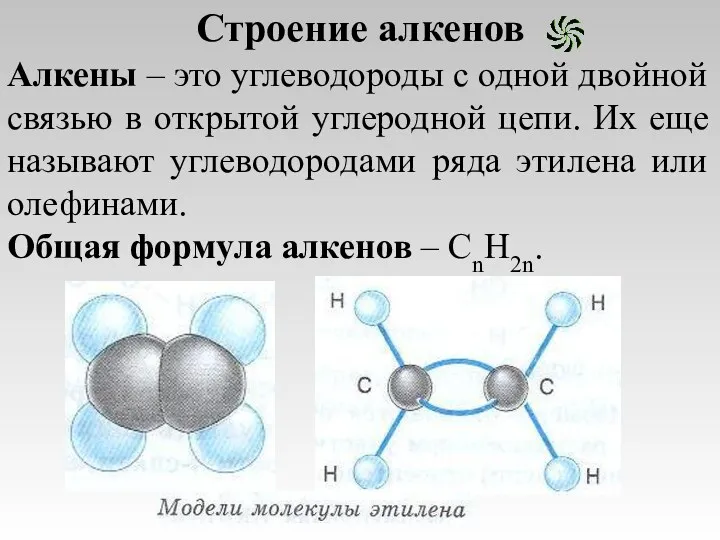 Строение алкенов Алкены – это углеводороды с одной двойной связью