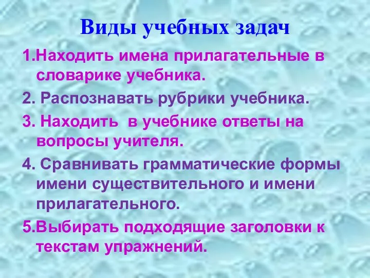 Виды учебных задач 1.Находить имена прилагательные в словарике учебника. 2.