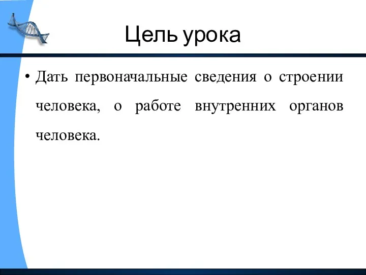 Цель урока Дать первоначальные сведения о строении человека, о работе внутренних органов человека.