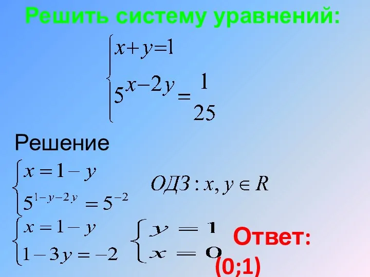 Решить систему уравнений: Решение Ответ: (0;1)