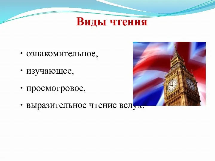 Виды чтения ознакомительное, изучающее, просмотровое, выразительное чтение вслух.