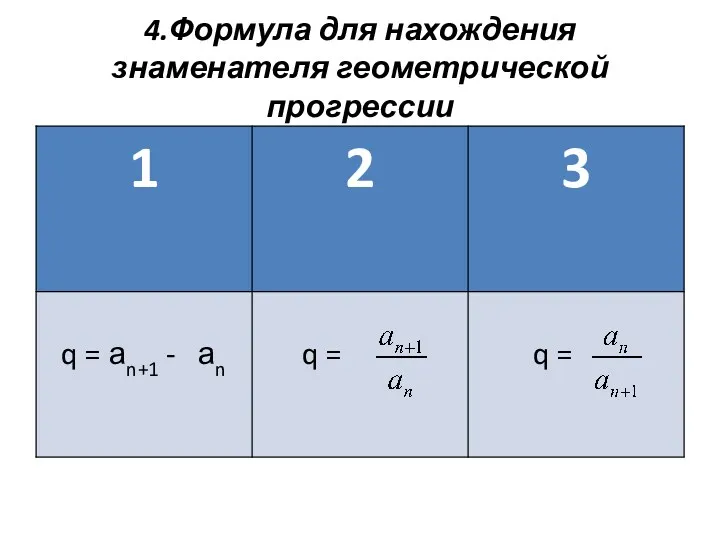 4.Формула для нахождения знаменателя геометрической прогрессии