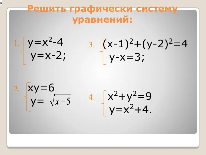 Решить графически систему уравнений: у=х2-4 у=х-2; ху=6 у= (х-1)2+(у-2)2=4 у-х=3; х2+у2=9 у=х2+4.