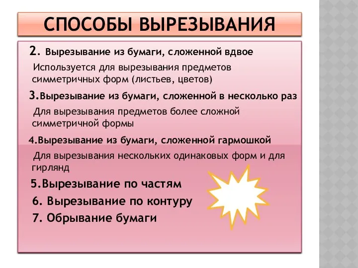 Способы вырезывания 2. Вырезывание из бумаги, сложенной вдвое Используется для вырезывания предметов симметричных