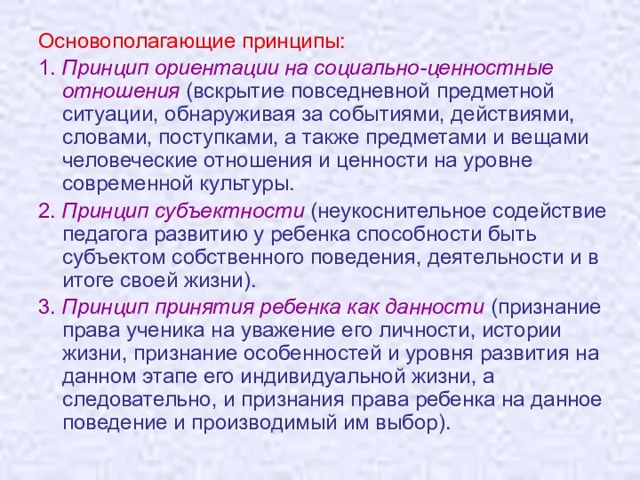 Основополагающие принципы: 1. Принцип ориентации на социально-ценностные отношения (вскрытие повседневной предметной ситуации, обнаруживая