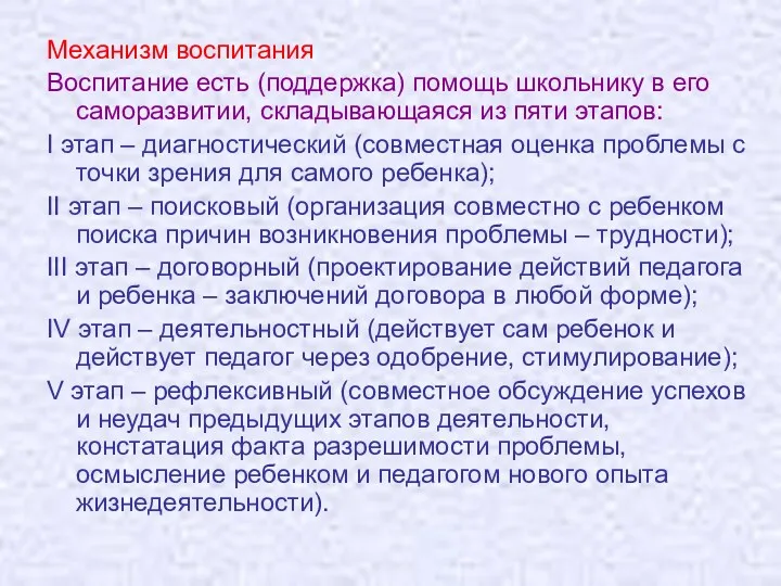 Механизм воспитания Воспитание есть (поддержка) помощь школьнику в его саморазвитии,