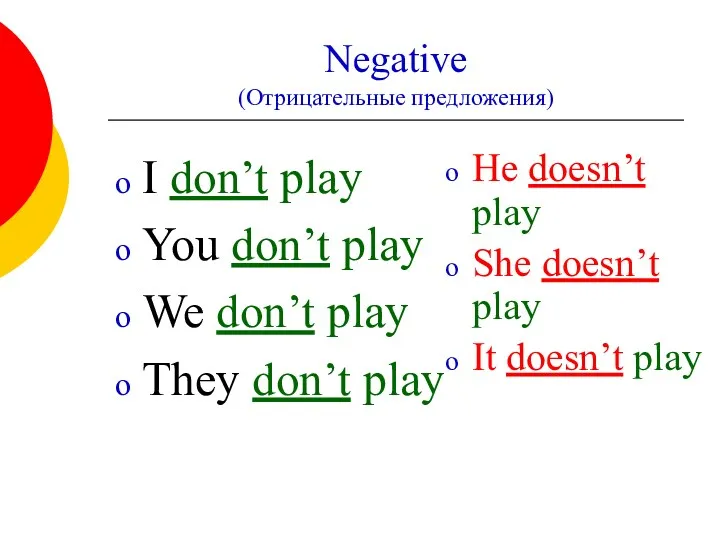 Negative (Отрицательные предложения) I don’t play You don’t play We