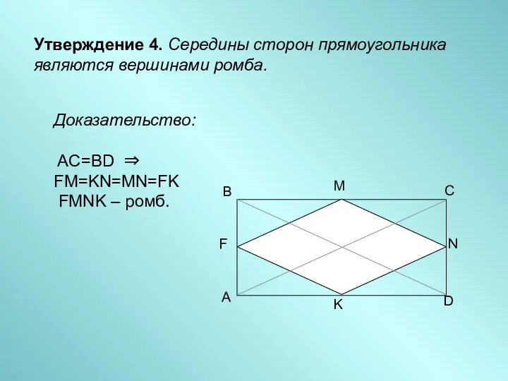 Утверждение 4. Середины сторон прямоугольника являются вершинами ромба. Доказательство: AC=BD ⇒ FM=KN=MN=FK FMNK – ромб.