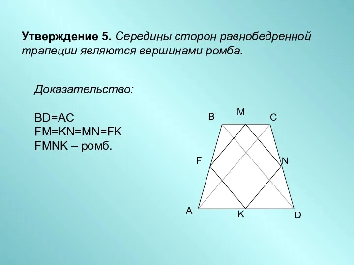 Утверждение 5. Середины сторон равнобедренной трапеции являются вершинами ромба. Доказательство: BD=AC FM=KN=MN=FK FMNK – ромб.