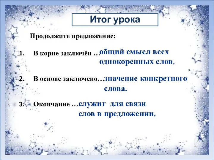 Продолжите предложение: В корне заключён … В основе заключено… Окончание