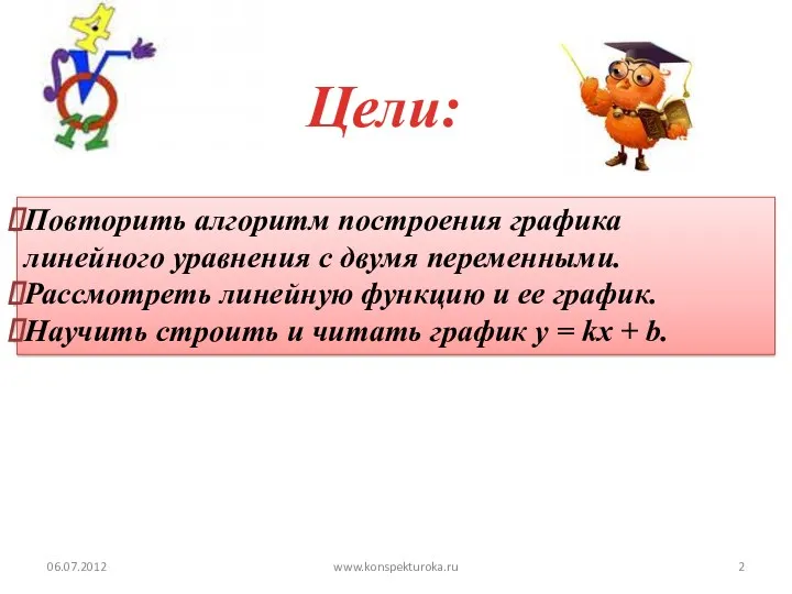 Цели: 06.07.2012 Повторить алгоритм построения графика линейного уравнения с двумя